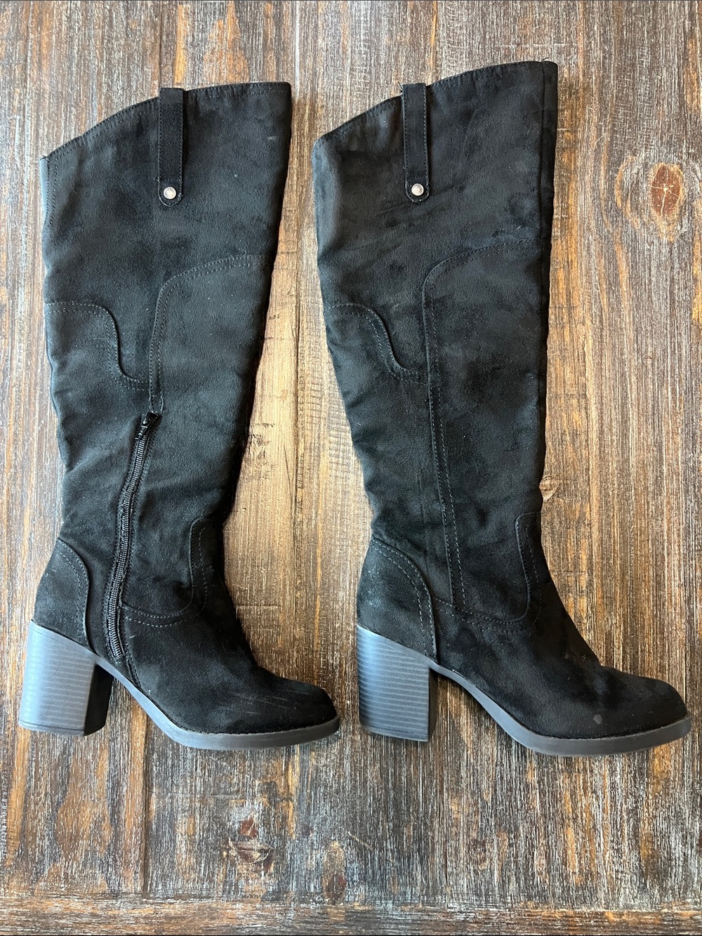 Black Suede Knee-High Block Heel Boots